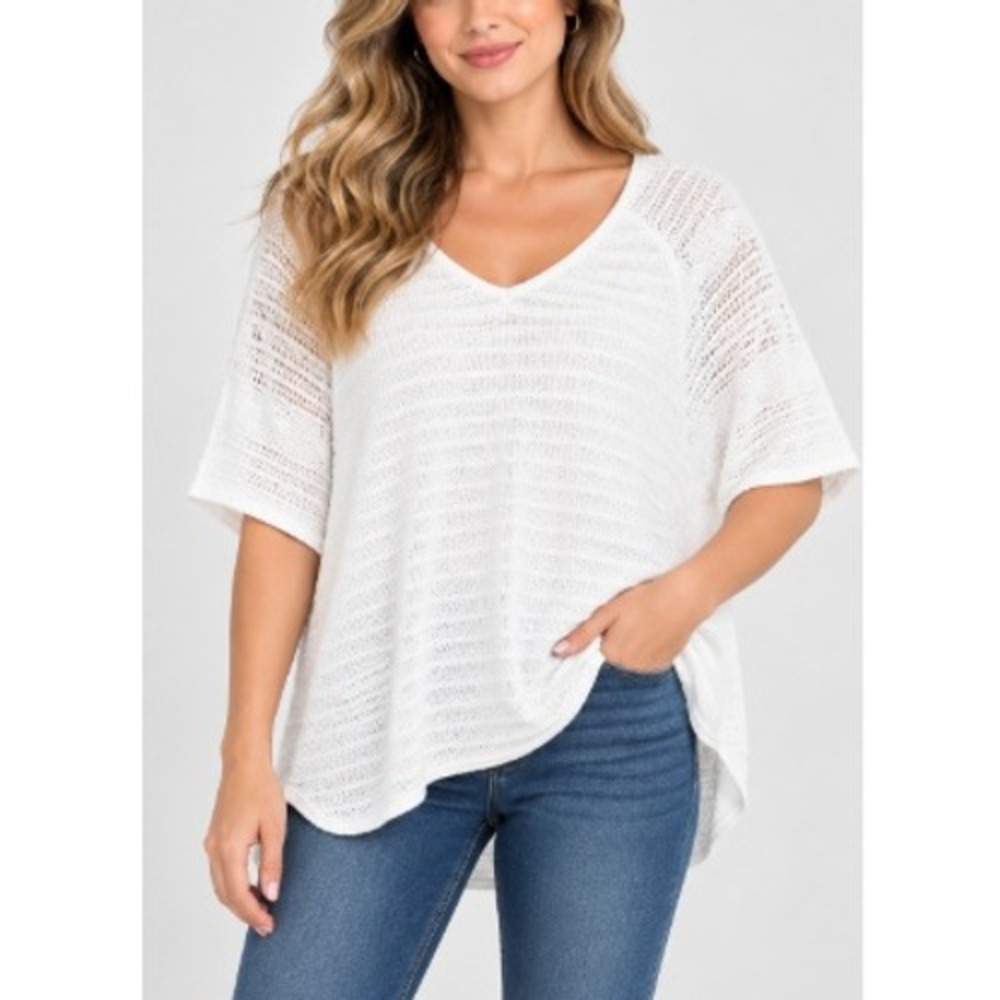 Lucky Brand Womens White Cable Knit Crochet V-Neck Dolman Sleeve Sweater Size S